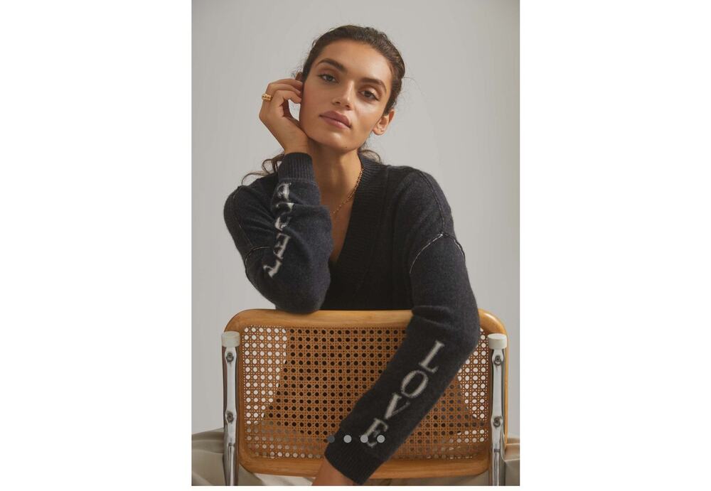 Anthropologie V-neck Cashmere Sweater Love Peace on Sleeves Sz Med